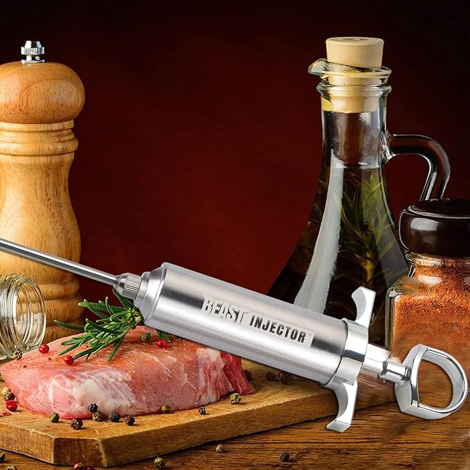 Grill Beast - 304 Stainless Steel Meat Injector Kit with 2-oz Large Capacity Barrel and 3 Professional Marinade Needles