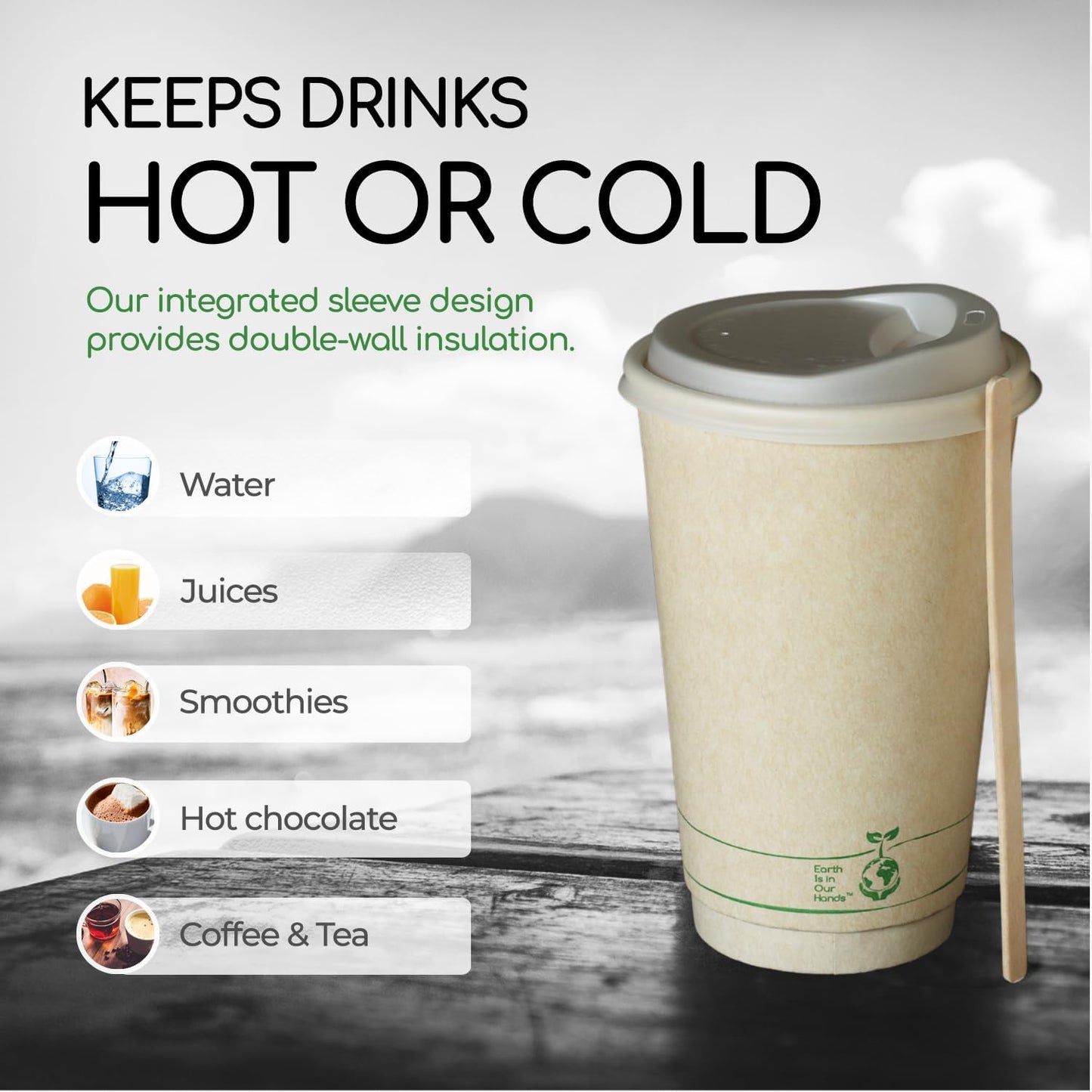 Living Balance Certified Compostable Coffee Cups with Lids 16 oz – 75 Pack Cups with Stirrers & Integrated Sleeves | Leak Proof, BPA-Free & CPLA Certified Plant-based | To-Go cup for Hot & Cold Drinks
