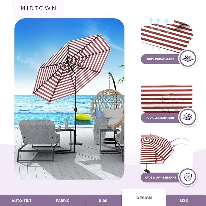 MIDTOWN UMBRELLAS The Lean 9 Feet Outdoor Umbrella With Terylast Red Stripes (Red/White Stripes) Polyester Fabric - 8 Ribs Aluminum Frame Patio Umbrella With Zinc Alloy Crank Lift And Auto-Tilt System