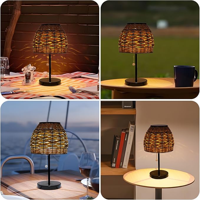 Outdoor Solar Table Lamp,3 Color Temperatures Bedside Lamps with USB-C Ports,Boho Desk Lamps Pull Chain Table Lamps with Black Metal Base for Garden,Yard,Patio,Lawn Outdoor Decor
