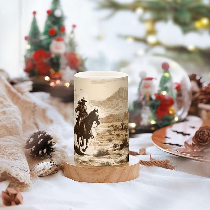Western Desert Cowboy Flameless Candles with Remote Control and Timer, Adjustable Brightness Long Lasting Battery Operated LED Pillar Candles for Indoor Outdoor Party Home Decor, 2 Pack