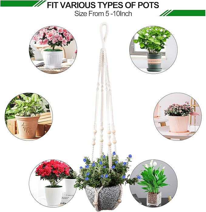 RIFNY Macrame Plant Hanger for 5 to 10 Inch Plant Pots, 35 Inch Indoor Handmade Woven Rope Hanger Kits with Hooks and Wood Beads, Hanging Planter Basket Holder for Boho Home Decor (White, 3 Pack)