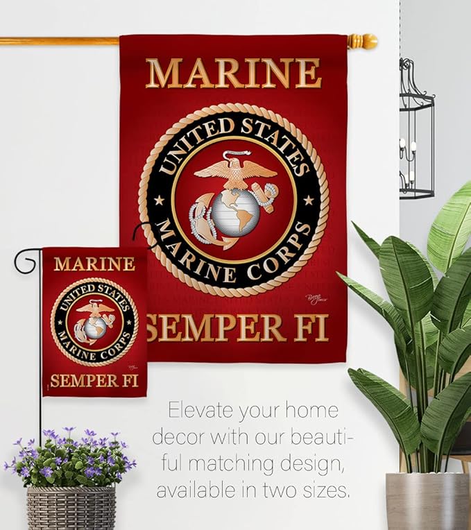 Marine Corps House Flag - 2 pcs Pack Armed Forces USMC Semper Fi United State American Military Veteran Retire Official - Decoration Banner Small Garden Yard Gift Double-Sided Made In USA 28 X 40