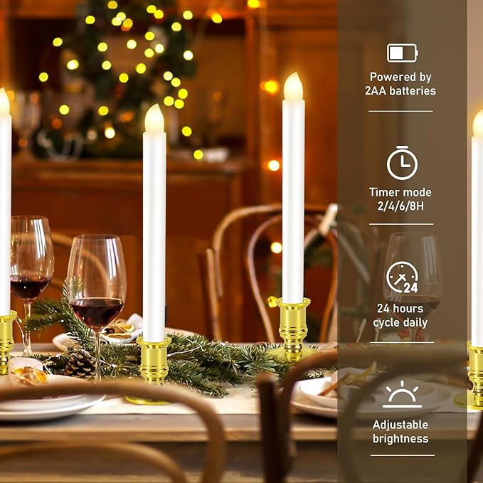 2 Pack Christmas Window Candles with Remote Timer, Flickering Flameless Candles with Candle Holders Suction Cups for Christmas Party Decorations, Gold