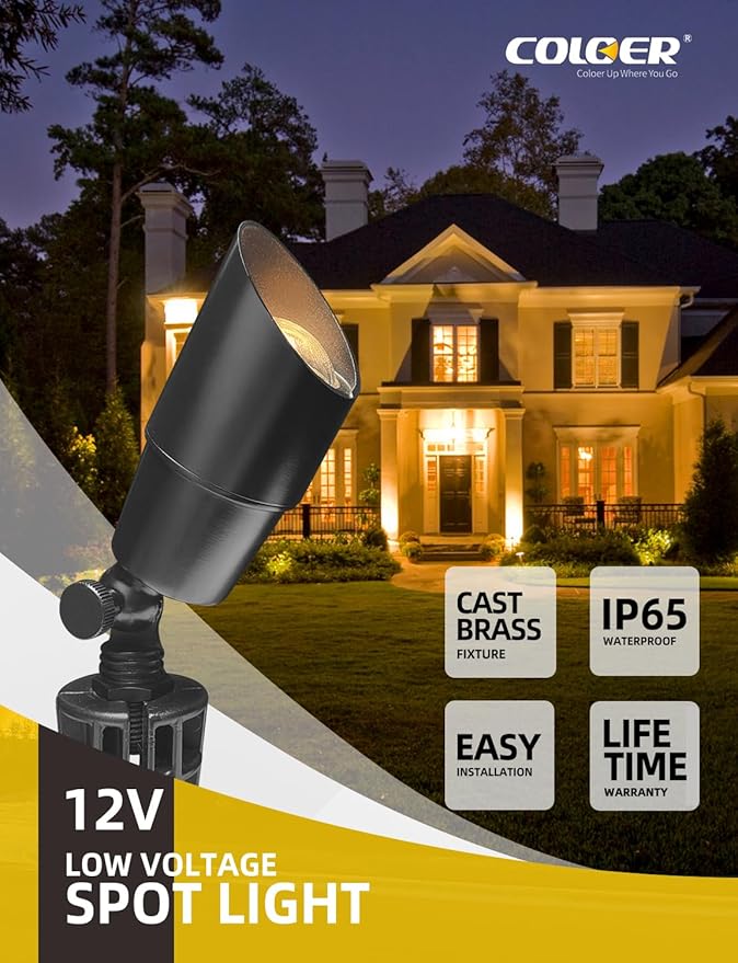 COLOER Die-cast Brass Landscape Spotlight(Black) 10-Pack with 5W Aluminum Housing MR16 LED Bulb 2700K 450LM CRI85+,12V AC/DC Low Voltage Outdoor Uplighting, Garden Patio Spot Up Light(101B-Black)