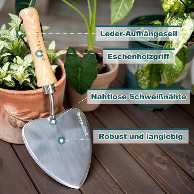 Berry&Bird Perennial Trowel, Oversized Garden Potting Trowel with Sharp Blade Wood Hand Shovel, Stainless Steel Planting Trowel Gardening Tool for Roots,Planting,Digging,Transplanting and Cutting