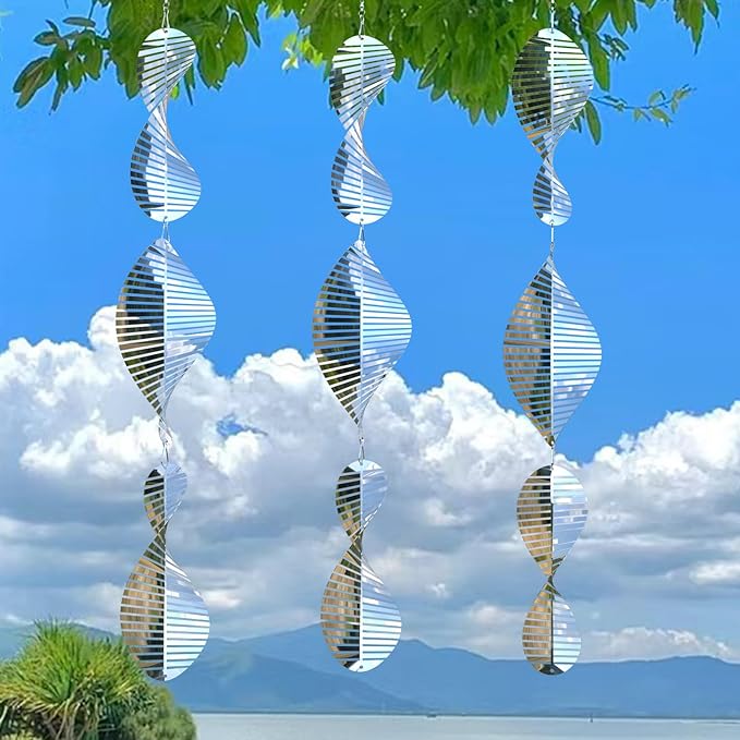 3 * 3 Stainless Steel Bird Scarer Discs Set, 3D Reflective Helix Wind Spinners Bird Reflector & Sparkly Metal Outdoor Garden Décor Sculpture Ornaments, Deterrent to Scare Pigeon Away Yard Patio Farm