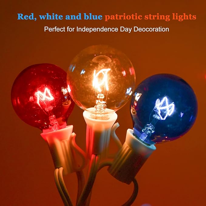 4th of July Decorations String Lights, 25Ft Outdoor Patio String Lights with 27 G40 Red White and Blue Light Bulbs(2 Spare), Independence Day Lights for Patriotic Party Garden Festival Decor- White