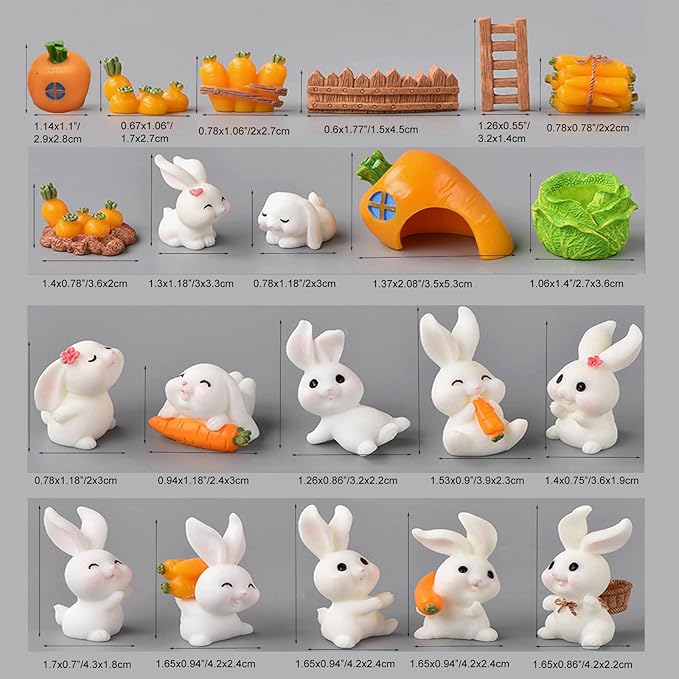 21Pcs Mini Rabbit and Carrot Figurines 1inch Cute Resin Bunny Cake Toppers for DIY Fairy Garden Dollhouse Moss Landscape Crafts Easter Decors