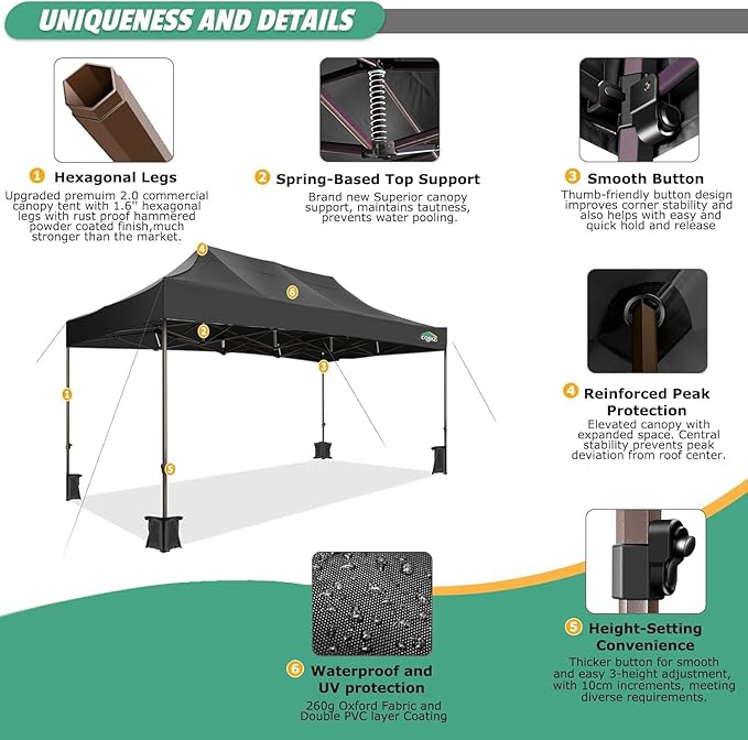 COBIZI 10x15 Pop Up Canopy Tent Heavy Duty with Sidewall, Commercial Outdoor Easy Pop Up Gazebo for Party Wedding All Weather Waterproof UV 50+ with Roller Bag(Leg Upgraded),Black