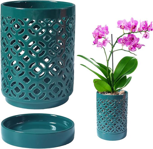 Orchid Pot 4 Inch, Orchid Pots with Holes & Saucers for Repotting, Breathable Slotted Orchid Pots Flower Plant Pot Green