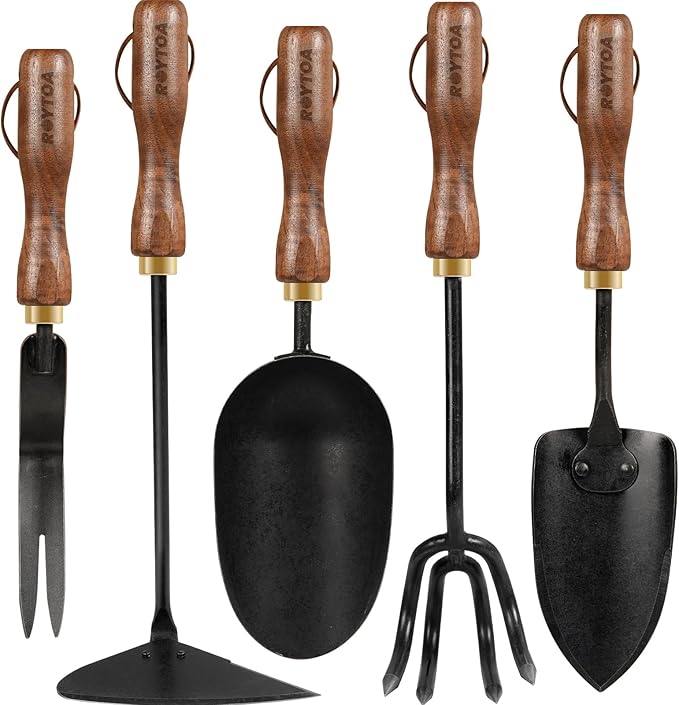 Garden Tool Set,5Pcs Gardening Tools,Stainless Steel Heavy Duty Hand Cultivator, Hoes，Shovel, Trowel and Weeder with Ergonomics Walnut Handle，Gardening Gifts for Women