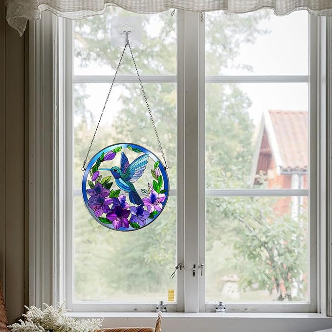 Stained Glass Sun Cather for Window Hanging, 8.6'' Hummingbird Window Ornament for Indoor Outdoor, Hand Painted Stain Glass Gift for Women, Bird Nature Lovers