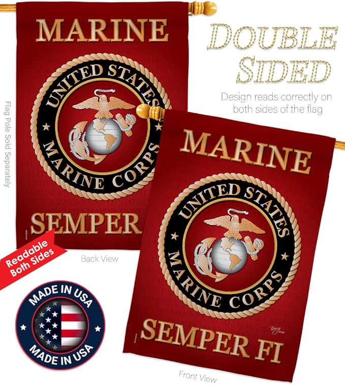 Marine Corps House Flag - 2 pcs Pack Armed Forces USMC Semper Fi United State American Military Veteran Retire Official - Decoration Banner Small Garden Yard Gift Double-Sided Made In USA 28 X 40
