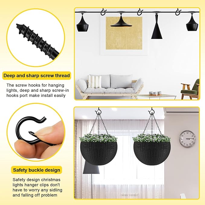 Hooks for Outdoor String Lights, 52 Pack Screw Hooks for Hanging Plants Led Party Lights Garage Wind Chimes, Black Heavy Duty Q Hanger Ceiling with Safety Buckle, Box and Wing Nut Driver