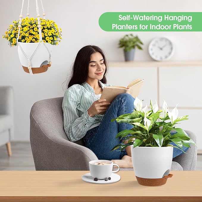 Hanging Planters for Indoor Outdoor Plants, 2 Pack Self Watering Hanging Pot with Drainage Holes, Removable Tray & 2 Kinds of Plant Hangers, 8'' Hanging Flower Pots for Home Garden Decor, White