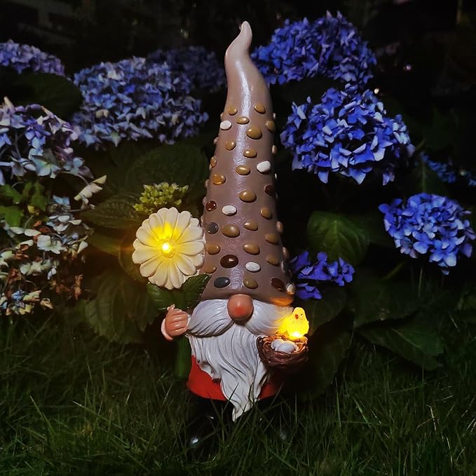 12 Inch Solar Garden Gnome Statue Clearance with Sunflower and Bird's Nest Light – Outdoor High Hat Gnome Sculpture Outdoor Statue for Patio and Garden Decor – Figurine Gift for Gnome Lovers