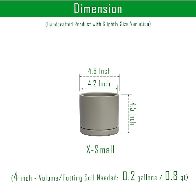 D'vine Dev Set of 4 Small Ceramic Plant Pots, 4.6 Inch Succulent Planter Pot for Plants with Drainage Hole and Saucer, Grey, 94-X-B-3