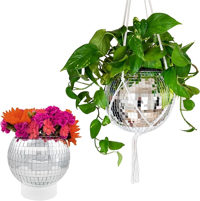 Hanging Disco Ball Planter 8" - with Acrylic Stand and Macrame Plant Hanger - Home Décor, Room Décor, Mirror Disco Planter, Disco Decor (10" with Base)