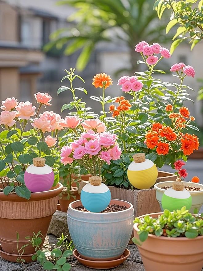 Kalolary 8Pcs Plant Watering Globes, Large Terracotta Automatic Watering Stake Devices with Wooden Stopper for Pots, Planters, Indoor, Outdoor