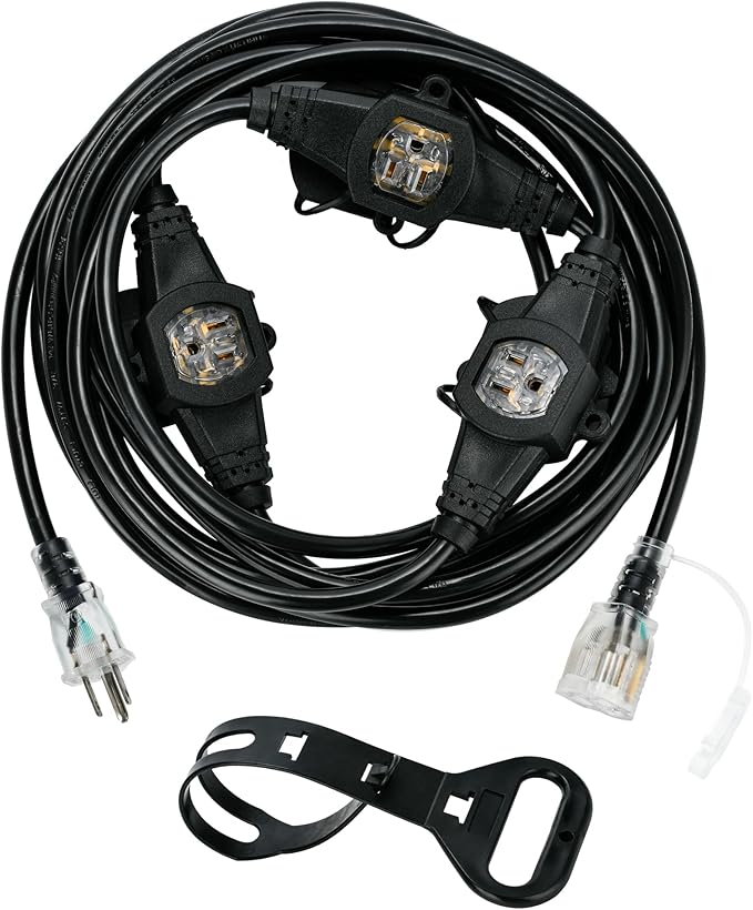20FT 16 Gauge Multi-Outlet Extension Cord, 4 Evenly Spaced Weatherproof Outlets, Great for Stage Backdrops, Landscape Garden Lighting, Christmas Decorations ETL