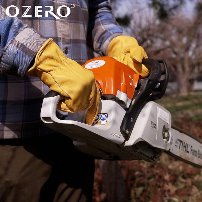 OZERO Leather Work Gloves Flex Grip Stretchable Tough Cowhide Work Gloves 1 Pair (Gold, Medium)