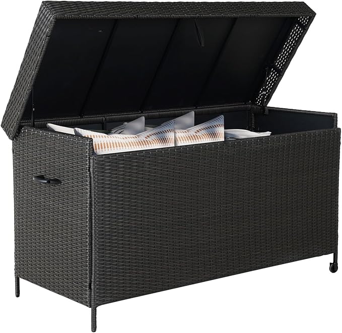 Grand patio 170 Gallon Storage Box, Dark Brown PE Wicker, Minimalist Style, Water Resistant, Flip Top, Smooth Wheels, for Patio Furniture Cushions, Garden Tools, Pool Accessories