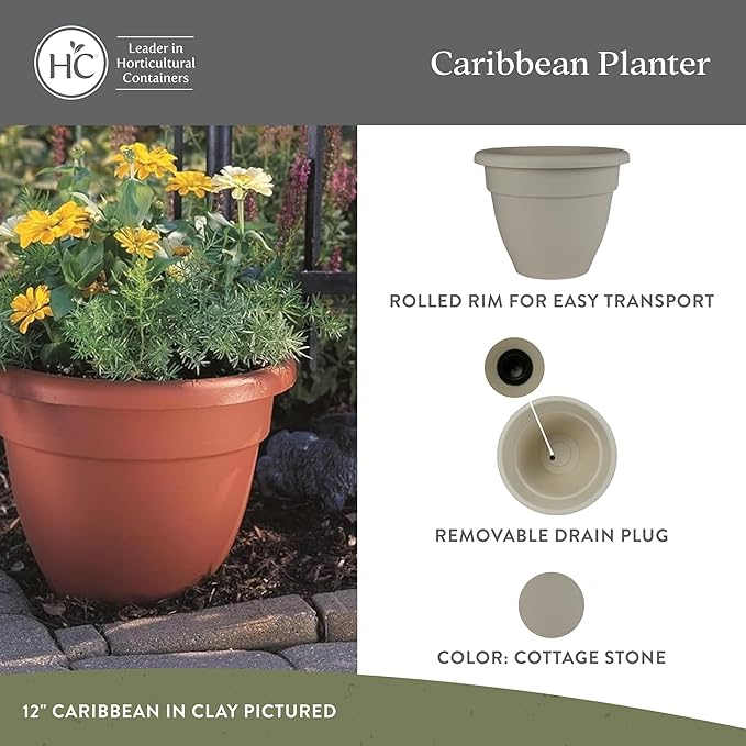 The HC Companies 8 Inch Caribbean Planter - Lightweight Indoor Outdoor Plastic Plant Pot for Herbs and Flowers, Cottage Stone