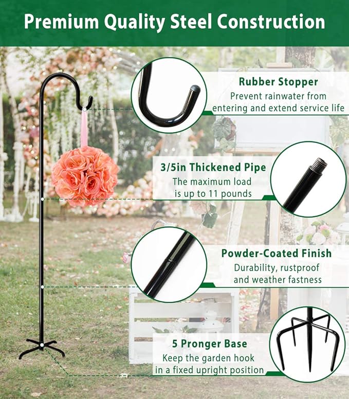 Artibear Adjustable Outdoor Shepherd Hook Stand with 5 Prong Base, 92 Inches Tall 3/5 in Thick, Shiny Black (2 Packs)