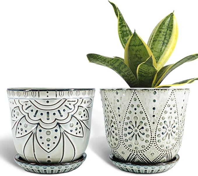 Gepege 6 Inch Beaded Ceramic Planter Set of 2 with Drainage Hole and Saucer for Plants, Indoor-Outdoor Large Round Succulent Orchid Flower Pot (Smoked Gray, Inner-pots not Larger Than 5 Inch)