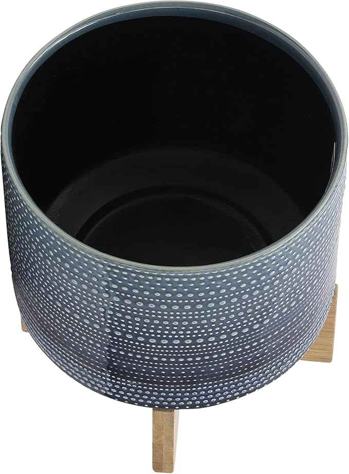 Sagebrook Home Textured Ceramic Planter with Wood Stand, Elevated Indoor/Outdoor Planter, Blue with Gray Dots, 8 L x 8 W x 10 H