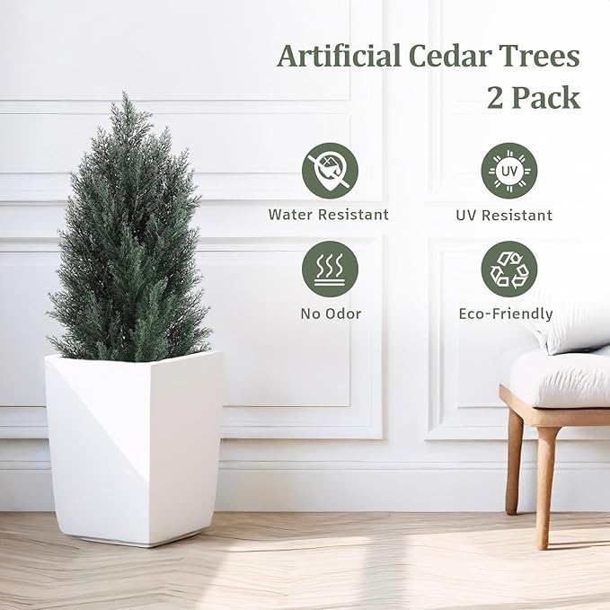 THE BLOOM TIMES 3ft Topiary Trees Artificial Outdoor 2 Pack – UV Resistant Faux Cedar Pine Cypress Bushes and Shrubs, Fake Potted Plants for Front Porch Outside Planter Patio Decor, Set of 2 (3 Foot)