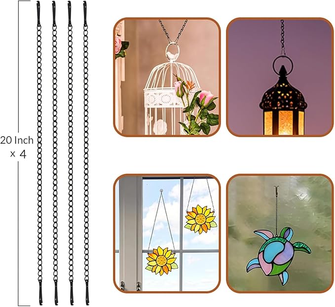 20 Inch Stained Glass Window Hanging Chain Picture Hanging Chain Sunshine Catcher Black Metal Nickel Plating Stained Glass Window Panels Chains 4 Pcs