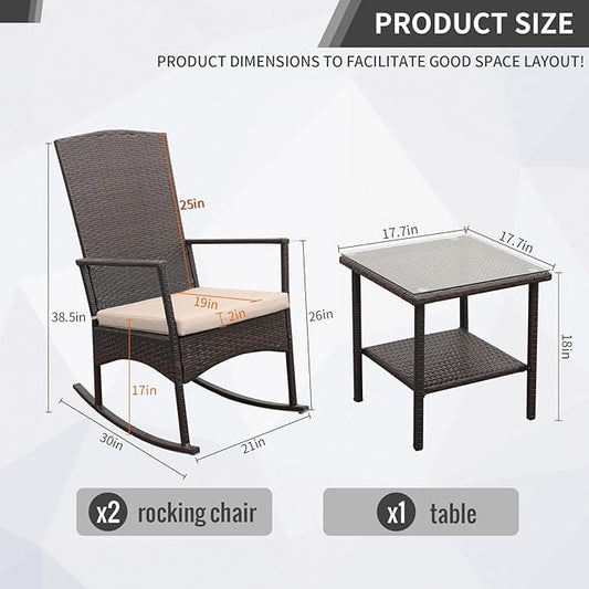 Outdoor Rocking Chair 3 Pieces High-Backed Rocking Chair Outdoor Patio Rocking Chairs Outdoor Table, Khaki