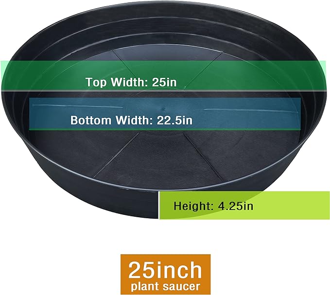 25 Inch Extra Large Plant Saucers, Extra-Deep 4.25 in Black Drip Trays for Flower Pot, Heavy Duty Drainage Tray Indoors No Holes, 2 Pack Plastic Planter Plate Water Catcher for Pots Base 20 21 22 in