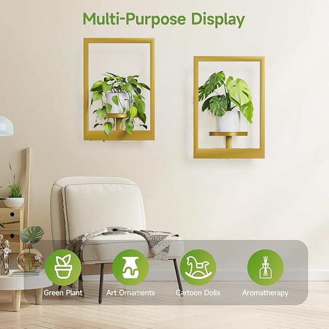 Picture Frame Wall Plant Holder, Metal Window Plant Shelves Plant Holder for Indoor Plants, Hanging Wall Planters Wall-Mounted Plant for Home, Office, and Garden (Gold, 3PCS)