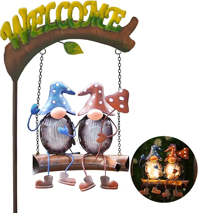 HONGLAND Solar Lights Outdoor Decor, Gnomes Swing Garden Decor, Funny Gifts for Women Mom, Gnomes Outdoor Decorations with Welcome Sign for Front Porch Patio
