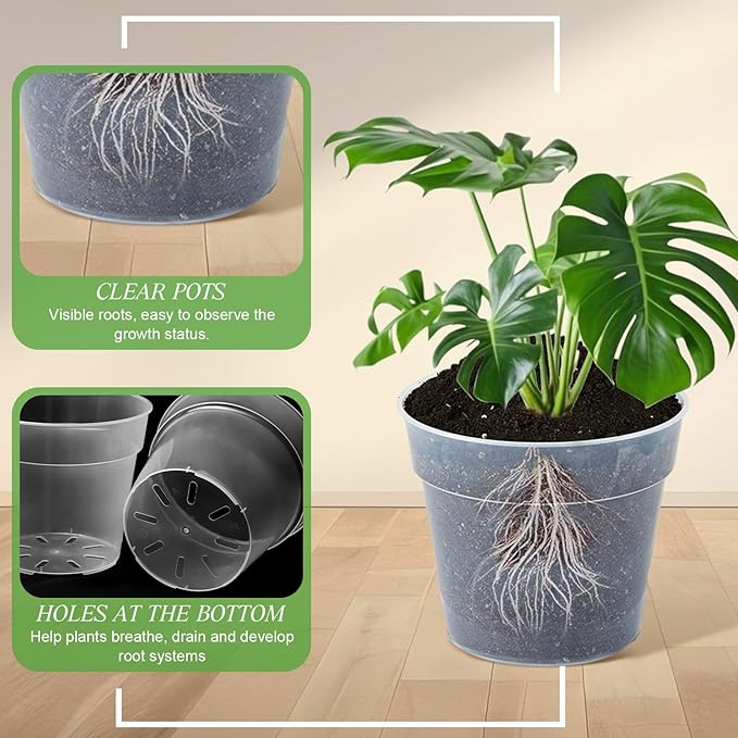Vesici Large Size Clear Nursery Pots Variety Pack Plant Pots with Drainage Holes Planters for Indoor Plants Flexible Transparent Plastic Plant Bottle Succulents(24 Pcs,3/4/5/6/7/8/9/10 Inch)