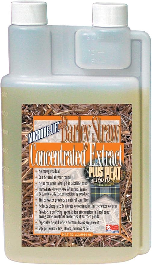Microbe-Lift Concentrated Barley Straw Extract Plus Liquid Peat Conditioner for Ponds and Outdoor Water Garden, Safe for Live Koi Fish, Plants, and Decorations, 32 Ounces