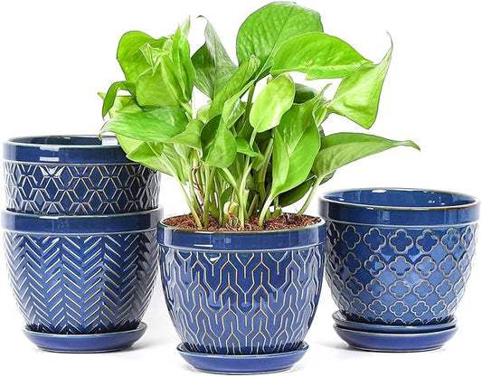 Sureasy Ceramic Indoor Plant Pots - 5.6 Inch Flower Pots for Plants with Drainage Hole and Saucer, Embossed Planter for Succulents, Orchid, Cactus, Indoor Home Decor, Set of 4, Blue