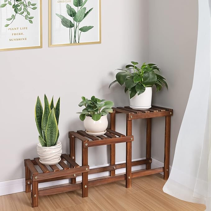 3 Tiers Plant Stand Indoor,Wood Plant Stands for Indoor Plants Multiple,Corner 3 Steps Ladder Plant Shelf High Low Flower Stand Planter Display Rack for Patio Balcony Living Room