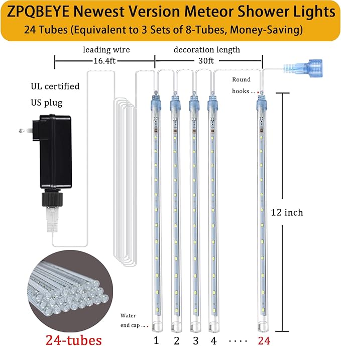 Meteor Shower Lights Outdoor Christmas Lights 24-Tube 576LEDs Snow Falling Rain Cascading Icicle Light for Christmas Tree Decorations Wedding Party Holiday Garden Decor, UL Plug Multi Color