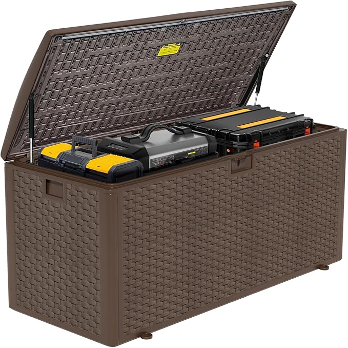 Premium Pro Edition 180 Gallon Lockable Resin Deck Box, Waterproof & UV-Resistant Outdoor Storage Box for Outdoor Cushion Storage, Garden Tools & Pool Accessories Storage, Brown
