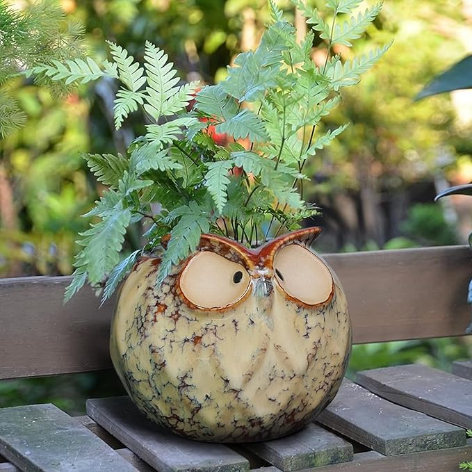 GeLive Owl Planter Ceramic Succulent Plant Pot Fun Animal Flower Container Decoration Tabletop Decor Windowsill Box with Drainage Hole (Round Owl Planter)