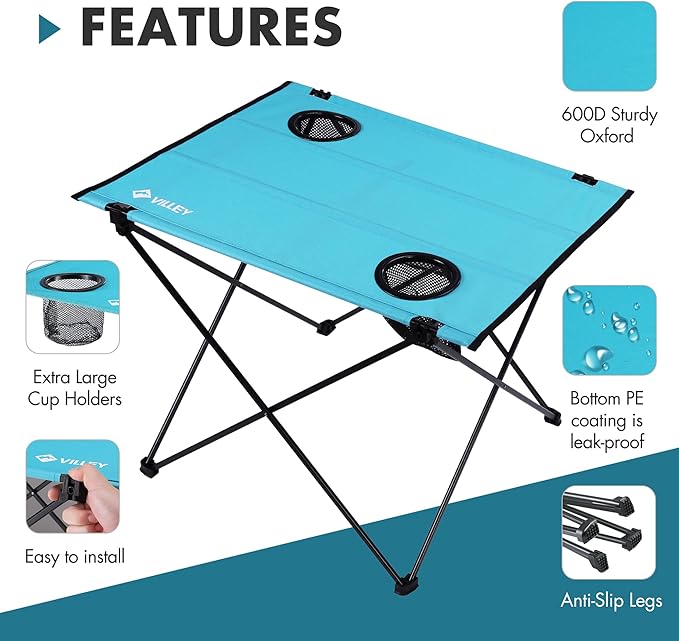 VILLEY Folding Camping Table, Lightweight Portable Beach Table with 2 Cup Holders & Carry Bag for Camping, Beach, Fishing, Travel, and Outdoor Activities (Large)