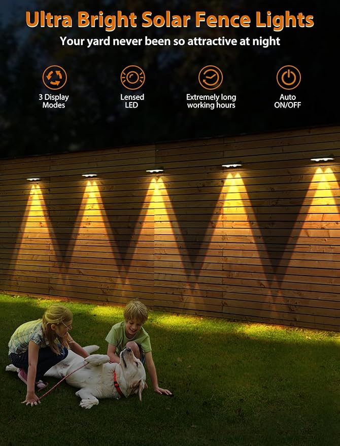 Solar Fence Lights,Warm White & Cold White & Mixed Color 3 Modes Bright Lens LED Dusk to Dawn Deck Light Outdoor Waterproof,Solar Outdoor Lights for Backyard/Railing/Wall (2Pack)