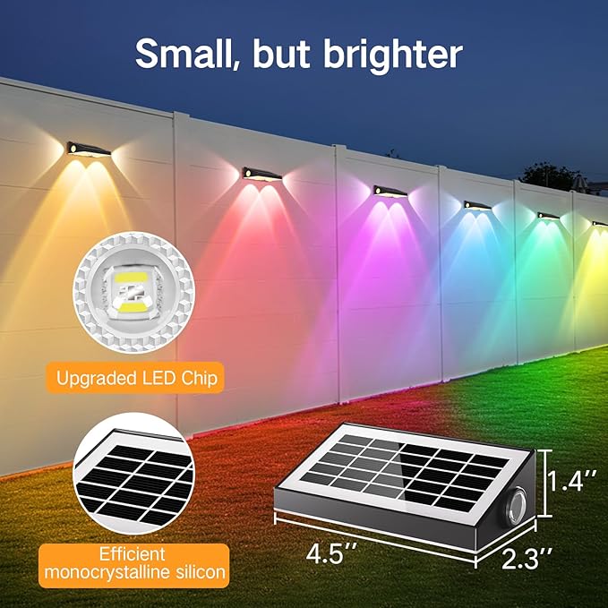 OUTON Solar Fence Lights Outdoor, 3-Side RGBCW Fence Light Solar Powered, 10 Modes Dusk to Dawn Auto ON/Off Deck Lights, IP65 Waterproof Outside Light for Garden Step Patio Backyard Wall, 12-Pack