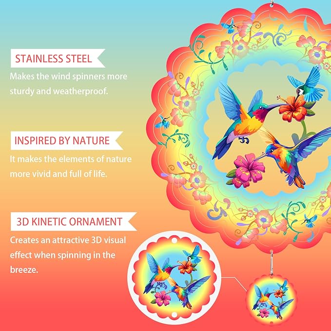 Hummingbirds Metal Wind Spinners Hummingbird Gifts for Mom Women Grandma,12inch Hanging Wind Spinner for Outdoor&Indoor Decor Wind Kinetic Ornament for Yard Garden Decoration