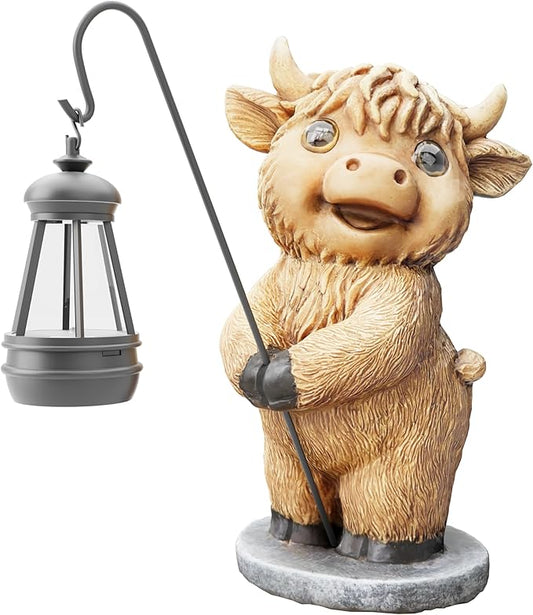 Highland Cow Statues with Solar Lights, Highland Cow Resin Figurine Lights, Highland Cow Ornaments for Patio, Balcony, Indoor Decoration and as Gifts