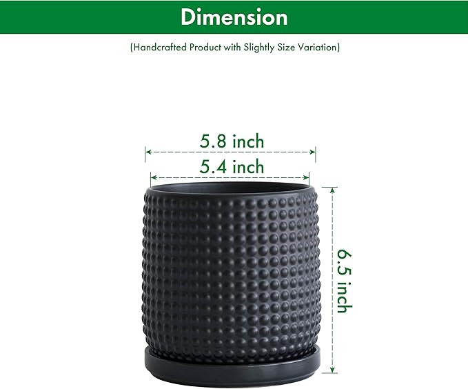 D'vine Dev 6 Inch Ceramic Beaded Stoneware Planter Pot - Flower Pot with Drainage Holes and Saucers for Indoor Succulent Plants or Flowers, Ebony Matte, 27-C-X-6